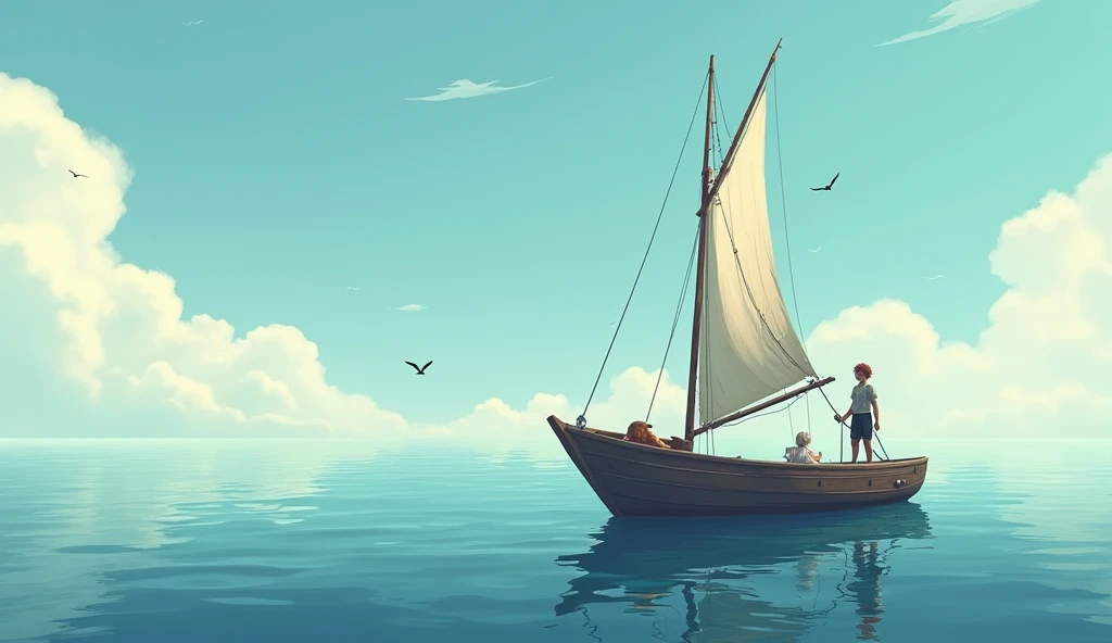 The sea gradually calming down with young sailor's boat floating serenely, showing the aftermath of the storm.