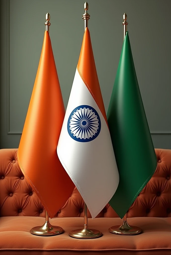 (photorealism:1.2), 78th India Independence Day Celebration
A vibrant poster featuring three majestic flags: Orange, White with Ashoka Chakra, and Green. Each flag stands tall on a plush sofa, symbolizing the country's rich heritage and diverse cultural fabric. The framing of the shot showcases a harmonious blend of colors and textures, with the flags' edges slightly curved to convey a sense of movement and celebration.