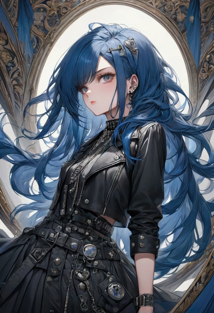 A strong-hearted woman with long blue hair, resisting society through punk rock fashion art.