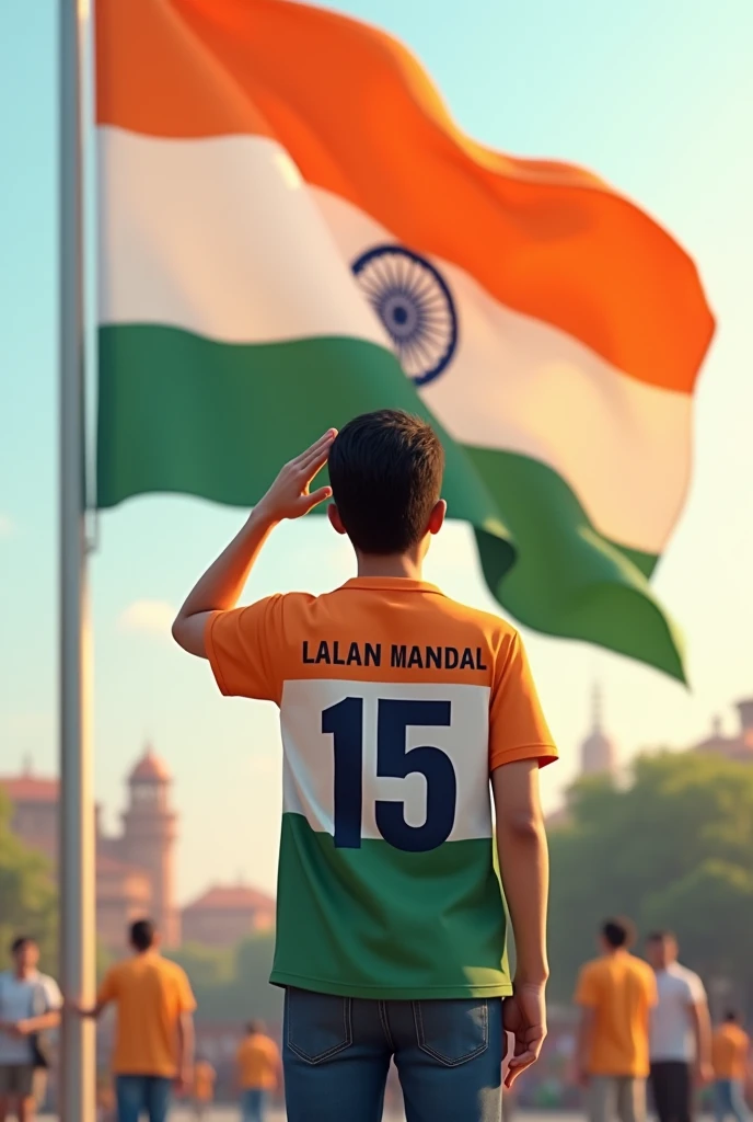 A 30 years old boy salutes the national flag of bharat and he is wearing a shirt print is like bharat flag and "Lalan Mandal" and 15 number and independence day in small is written on it's back in big and bold fonts, 3d illustration