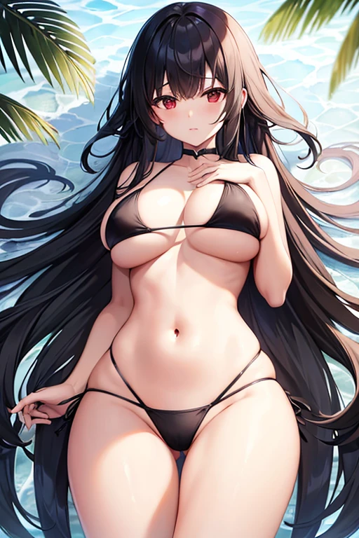 Big Breasts、long hair、Black Hair、black micro bikini、String Panties、String swimsuit、Red Eye、Long, slender legs、Emphasize the chest、whole body、Ocean、High resolution、masterpiece、Highest quality、High-resolution model