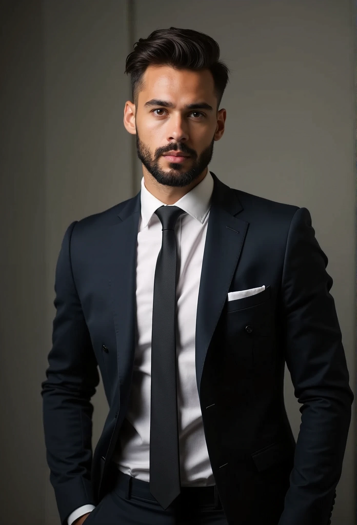 attractive 30 year old man in Hugo Boss suit , Nice beard , executive ???? man, Suit then, Front camera focus, portrait mode, perfectly straight in front of the camera