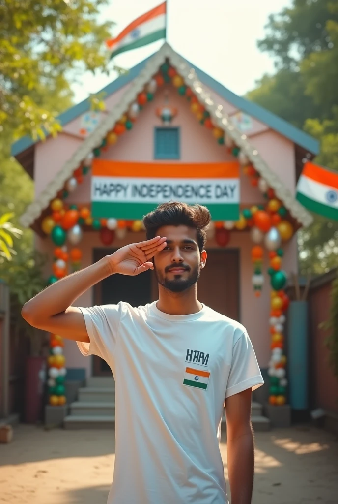 A real 20 year old boy , wearing a white "Harish" T-shirt stands in front of a house decorated with Indian flags and tricolor balloons, saluting for an upcoming Independence Day celebration. The house has a large banner that reads "HAPPY INDEPENDENCE DAY 2024 and make sure text should be correct.