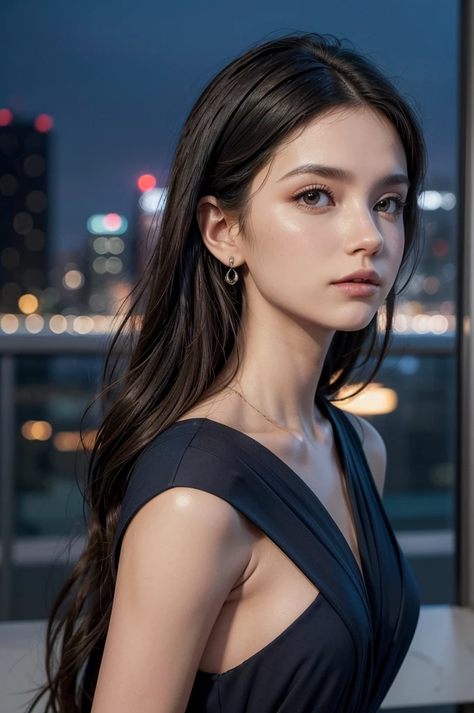 "Create a detailed image of a woman in a modern and sophisticated setting. She should be standing in an urban environment with a city skyline at dusk in the background, with soft neon lights reflecting off tall glass buildings. The woman should have a confident and contemplative expression, looking straight ahead. Her hair should be styled in loose, natural waves cascading over her shoulders. She is wearing a long, flowing navy blue dress that enhances her elegant posture. Add subtle accessories, such as small earrings and a thin bracelet. The lighting should be soft, naturally highlighting her facial features and emphasizing the depth of the urban backdrop. Ensure the color palette conveys a sense of sophistication and modernity."