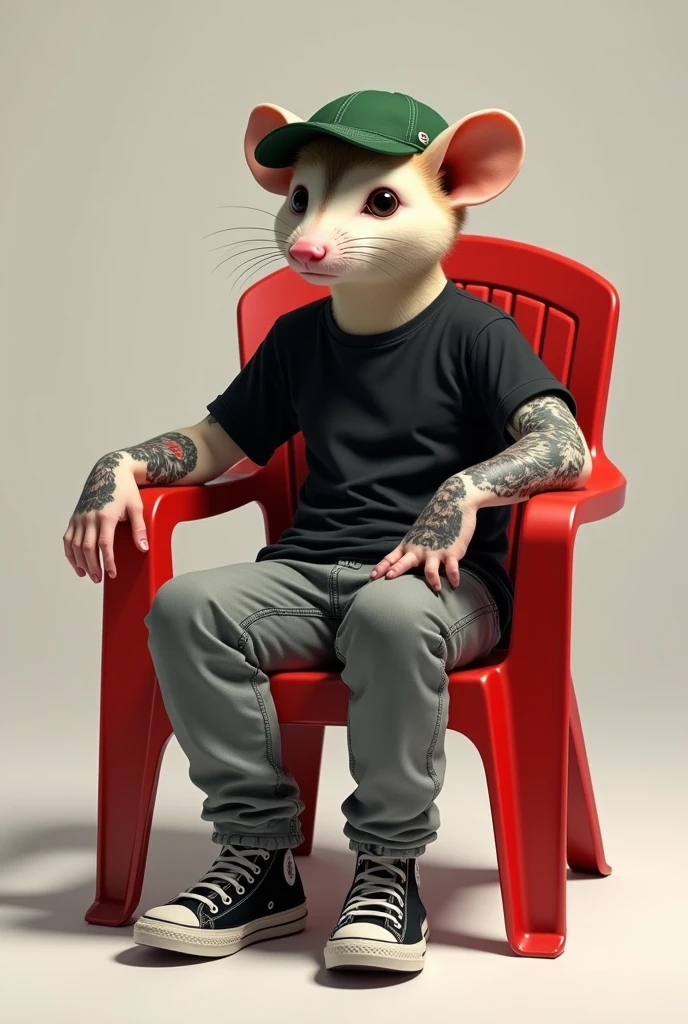 Make me a humanized opossum sitting on a red plastic chair with gray denim pants, black sneakers, a black shirt, a green cap, the shirt should be short-sleeved, a tattoo on his right hand that is a wolf with mange.