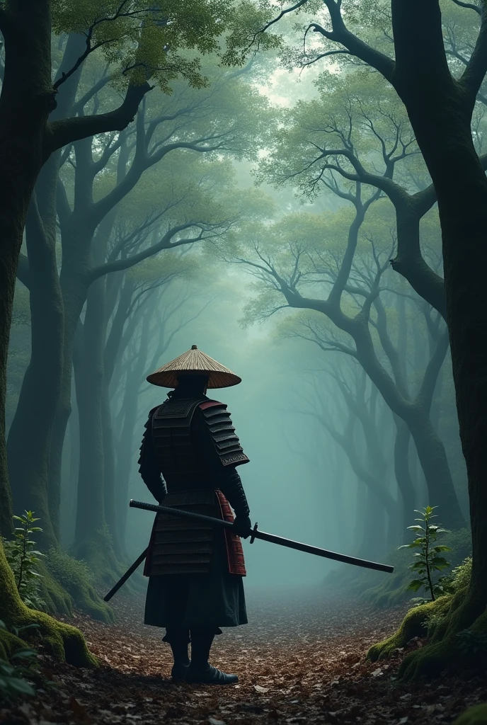 A lone samurai. He wears traditional samurai armor, worn and with black and red details. His face is partially hidden by a straw hat (kasa), revealing only his eyes.

Movement: the samurai wields his katana in a defensive position, while shadowy creatures surround him 

Environment: Dense, dark forest with ancient, gnarled trees. The ground is covered in dry leaves, creating subtle, tense sounds as they crunch underfoot.
Lighting: The remaining light is filtered through the trees, casting long, eerie shadows.

Atmosphere: A gentle wind blows, rustling the leaves. The silence is unnerving, as if the forest is holding its breath.