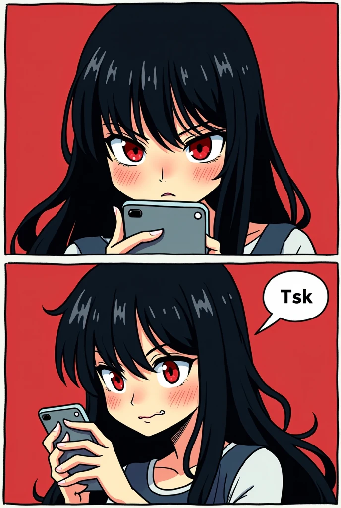 (masterpiece, best quality:1.2), comic, 2 panels, (2comic panels, dot halftone, flat color), separate panels, black hair, red eyes, vampire girl, scrolling on smart phone, (saying "Tsk" with angry face)