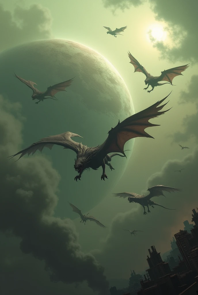 A polluted planet, viewed from space, with demons flying around.