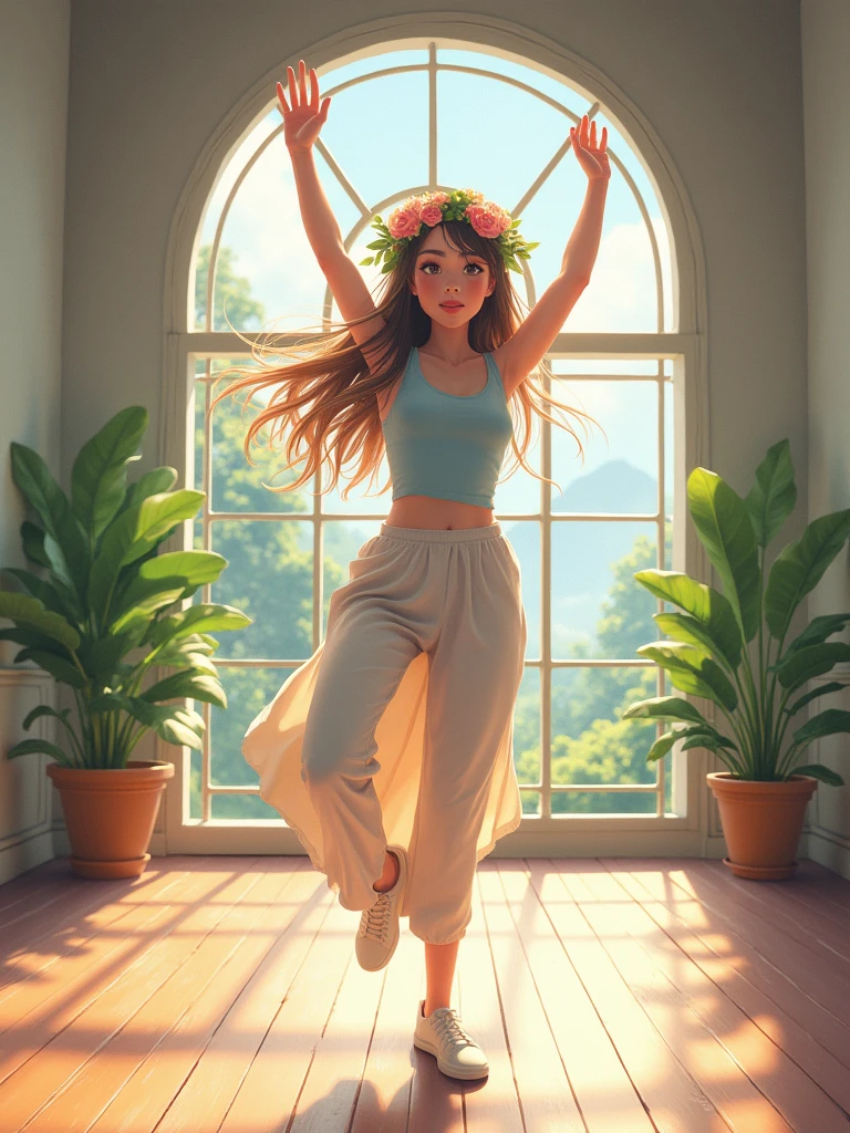 A pretty girl, 1 girl, doing exercises, in an exercise room, wearing beautiful casual clothes, pretty eyes, niji version, fantasy, pretty face, long hair, flowers headband, highest quality, 8k