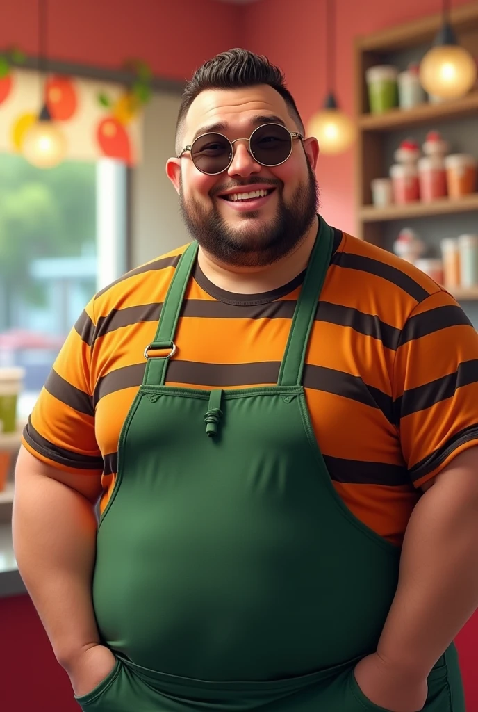 32 years old male Short Hair Beard
Chubby Fruit Parfait Store Manager
Orange and black striped T-shirt Smile
Round sunglasses The arms are thick Green apron