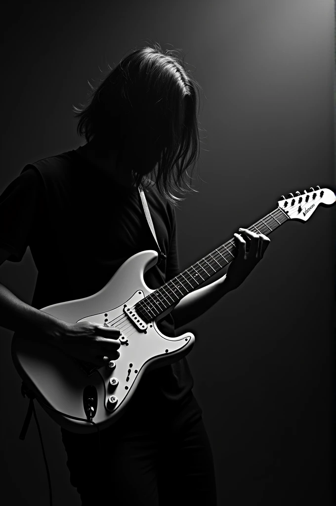 Make a black white picture of a guitarist playing on a cort kx300