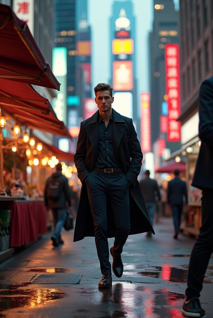 The male model moves out to the street, Blending into the bustling street space, With bright lights shining.