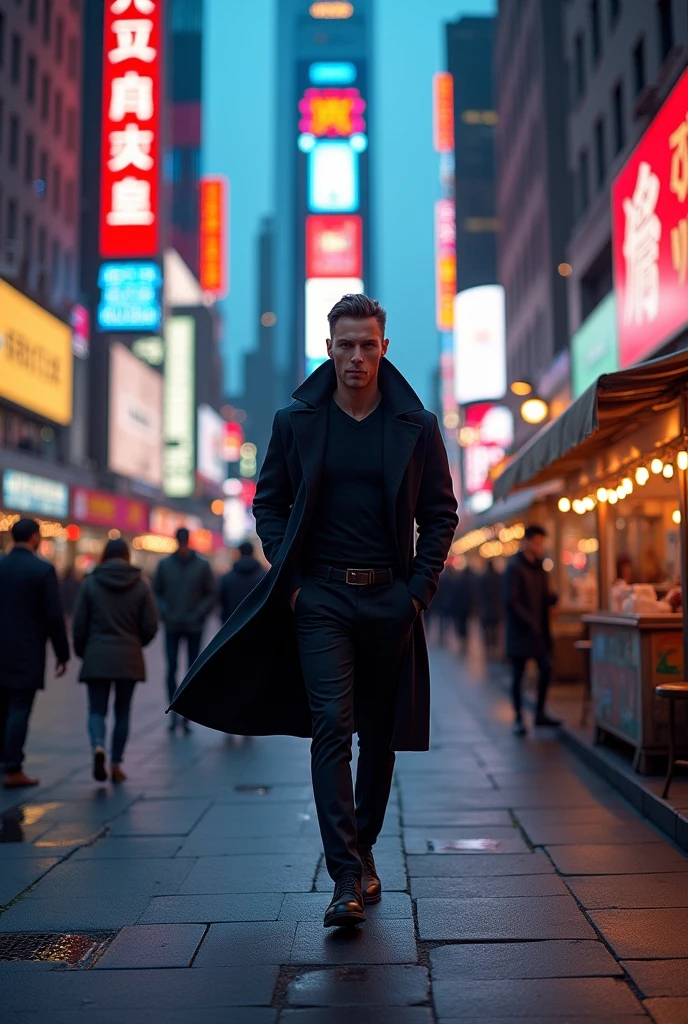 The male model moves out to the street, Blending into the bustling street space, With bright lights shining.
