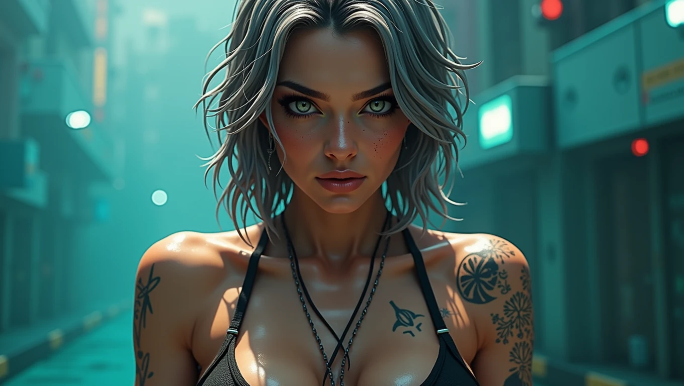 ((first job)), (best qualityer), comely, high-detailed face, perfect lighting, ultra detali, 8k, rough skin, comely詳細な顔, Detalhes comelys e finos, ambient light, realistic shadows, beautifully detailed pupils, comely, Fine Fingers, mature woman, Lucia \(cyber punk\), A person, neon palette, Science fiction, (shorth hair), standing alone, Close up, cyber punk edgerunners, multicolored hair, gray hair, natta , multi colored eyes, cyber punk, Center of the chest, (((short black bikini))), open air, (fundo da cidade cyber punk), (((photo by full body))), bare feet, stand, (muscular legs), muscular belly,ahegao,skin wet