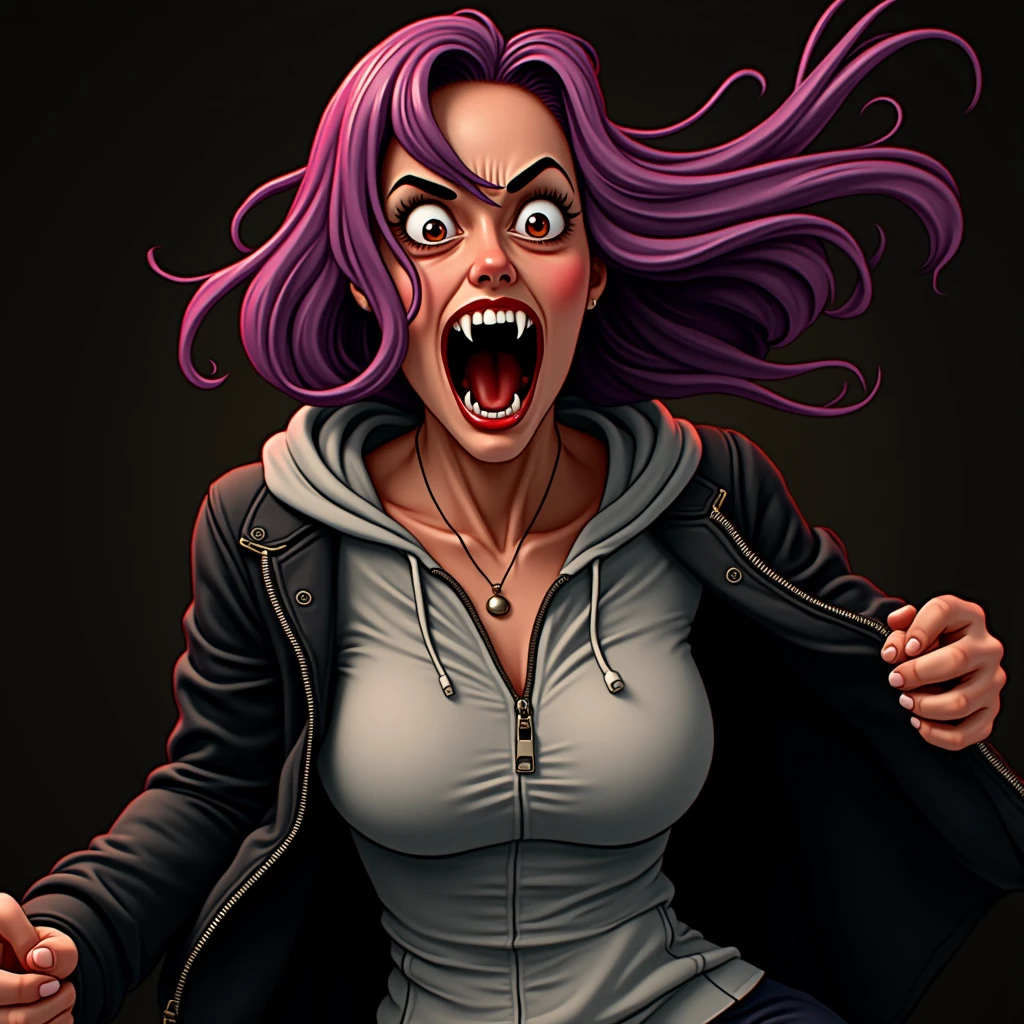 a woman screaming in terror, massive open mouth, perfect teeth, detailed purple hair, black zip jacket, grey button hoodie, big breasts, (best quality,4k,8k,highres,masterpiece:1.2),ultra-detailed,(realistic,photorealistic,photo-realistic:1.37),horror,portrait,dramatic lighting,vivid colors