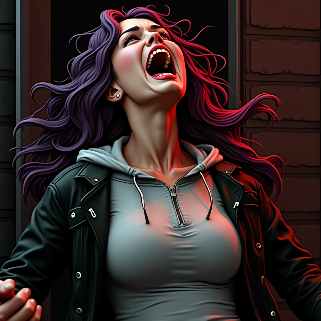 woman screaming in terror, mouth open so wide it takes up her whole face, massive open mouth, perfect teeth, detailed purple hair, black zip jacket, grey button hoodie, big breasts
