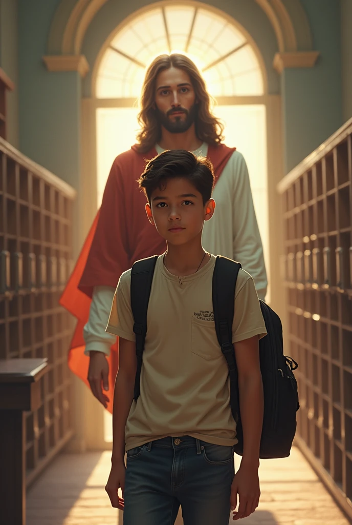 Un jeune de dans un lycée et jesus derriere l’enfant le surveillant