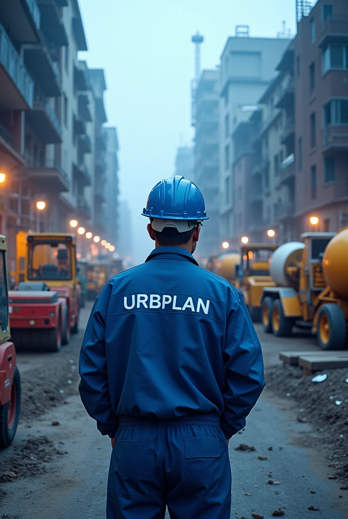 An image depicting a man wearing blue PPE with the word 'URBPLAN' written in white. He is observing a construction site filled with various civil engineering equipment, including a concrete mixer, soil compactor, jackhammer, drill, welding machine, and other tools. The image should predominantly feature blue tones throughout the scene