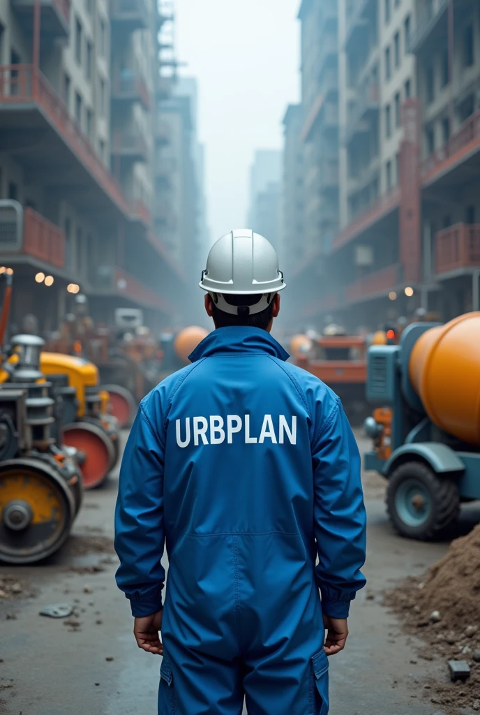 An image depicting a man wearing blue PPE with the word 'URBPLAN' written in white. He is observing a construction site filled with various civil engineering equipment, including a concrete mixer, soil compactor, jackhammer, drill, welding machine, and other tools. The image should predominantly feature blue tones throughout the scene