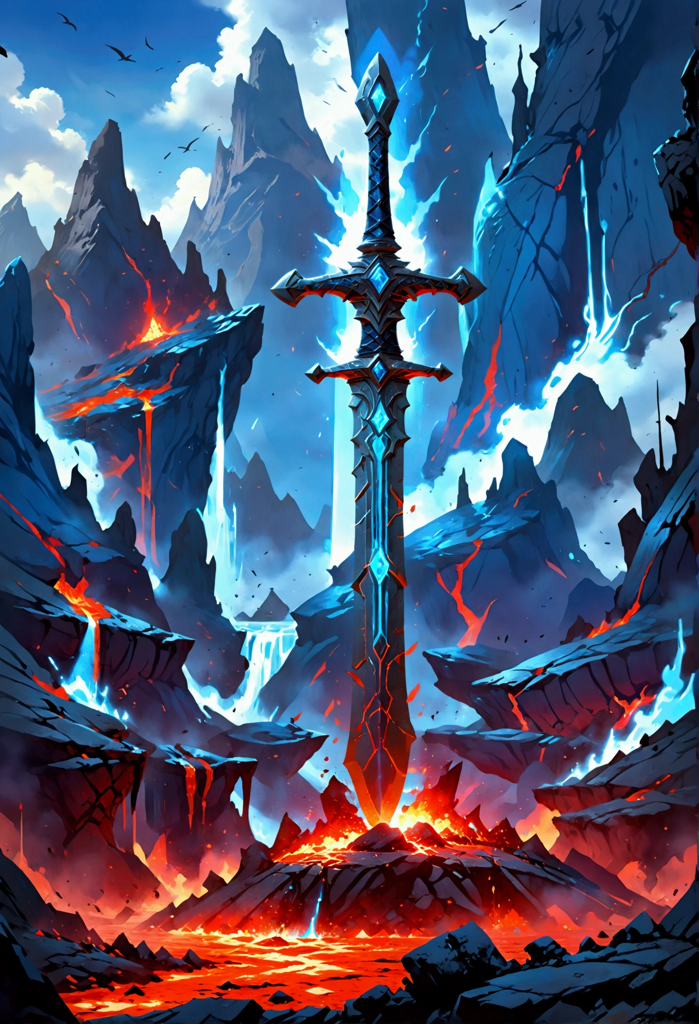 an giant sized sword surrounded with blue flame  stands on its point in volcano, a masterful sword made from diamond, epic sword, divine sword, (mountain sized sword: 1.5), its glistening in the sun, it has many facets, blue flames surround it GlowingRunesAI_paleblue, it stands in a pool of lava in a volcano, fantasy volcano background, high quality, landscape, lava land,  (best details, Masterpiece, best quality :1.5), ultra best realistic pictures , best details, best quality, 16k, [ultra detailed], masterpiece, best quality, (extremely detailed), ultra wide shot, photorealism, depth of field,