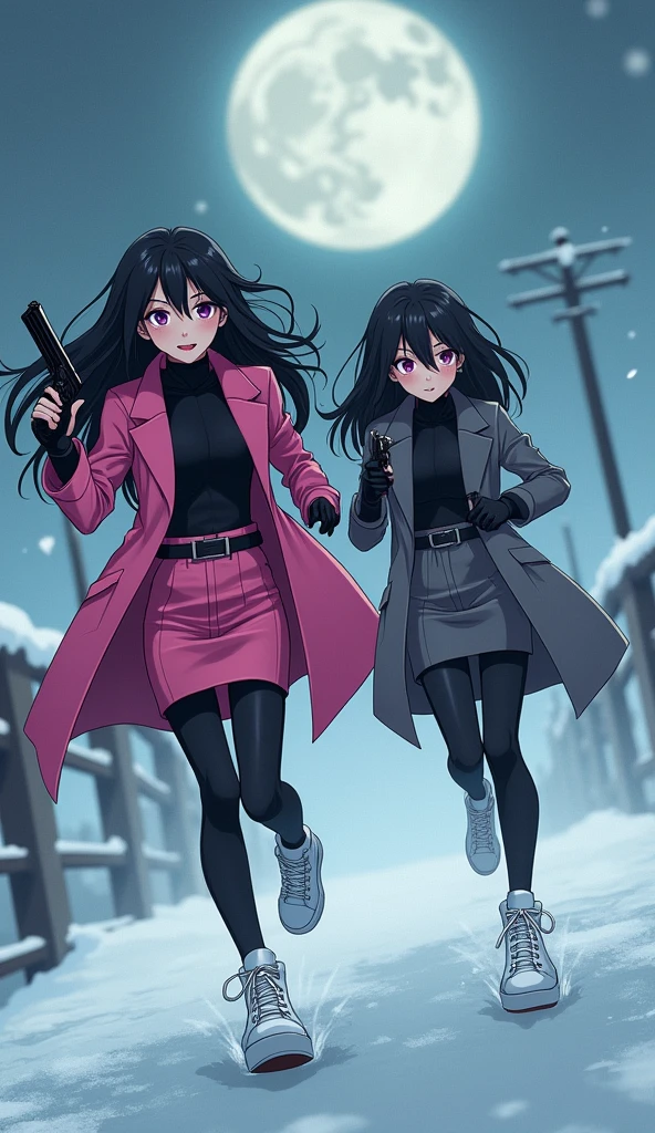 Two girls, long black hairs, yuri, Vampire Hunters
The first girl wear a pink long coat, black shirt, pink pencil skirt, black underpants, black tights, black gloves, white sneakers high top, holding a pistol gun on right hand.
The second girl wore a grey long coat, black shirt, grey pencil skirt, black underpants, black tights, black gloves, white sneakers high top, holding a pistol gun on left hand.
running on the bridge foggy, snowing, grey blue sky, moon, cartoon novel, 4K, HD