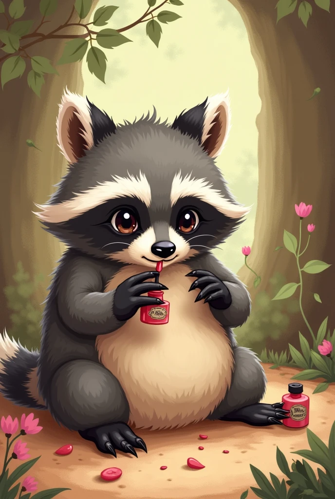 Drawing of a fat raccoon painting its nail