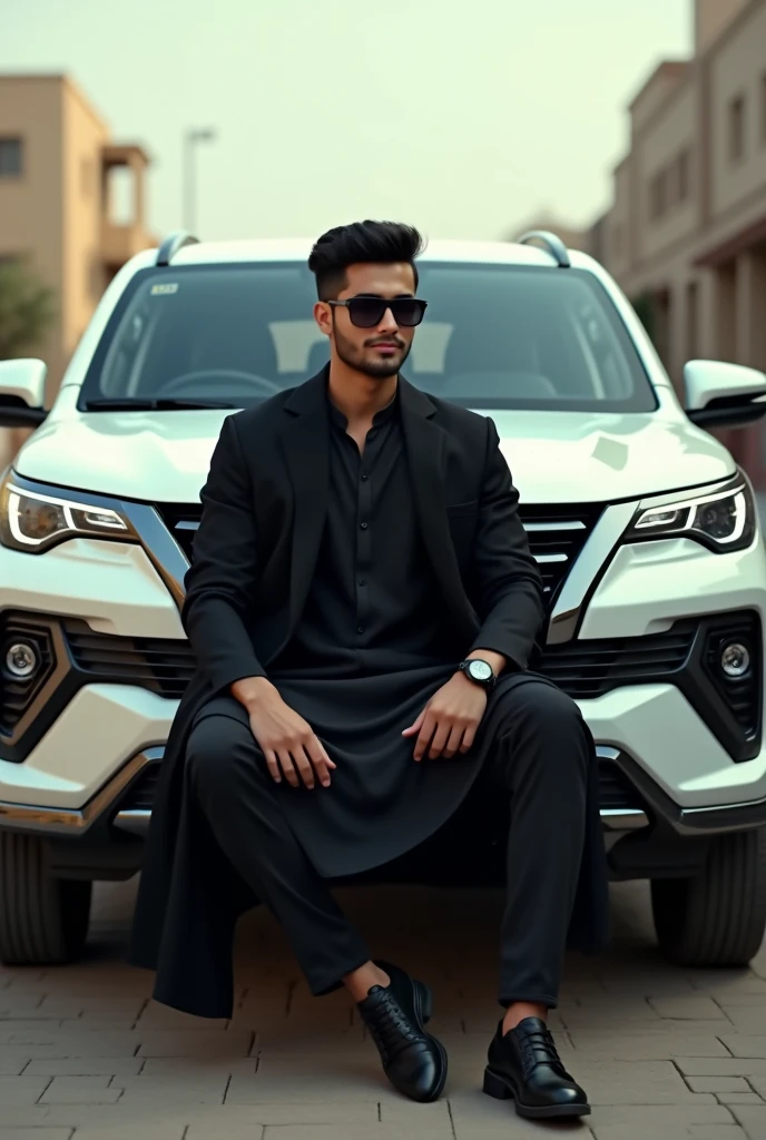 "Create a 3d image of a 20 year old boy sitting casually on a chair in front of a White Fortuner car and smoking. Name 'Shahzaib' is written on the number plate of the car. The boy is wearing black kurta pajama with sunglasses. Ultra-realistic theme is used on the background."
