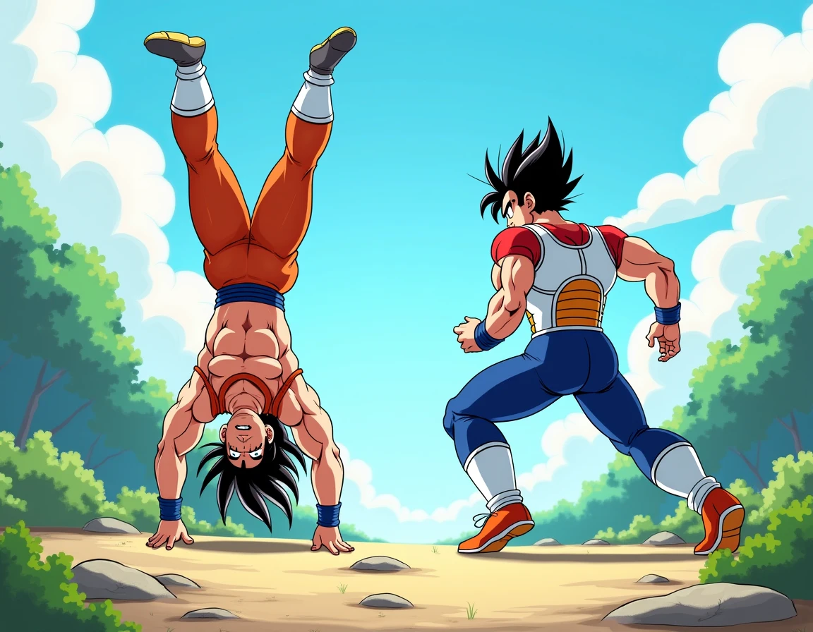 I want an artwork in anime style Dragon ball Z goku and vegeta training calisthenics and calisthenics movements, wearing calisthenics clothes