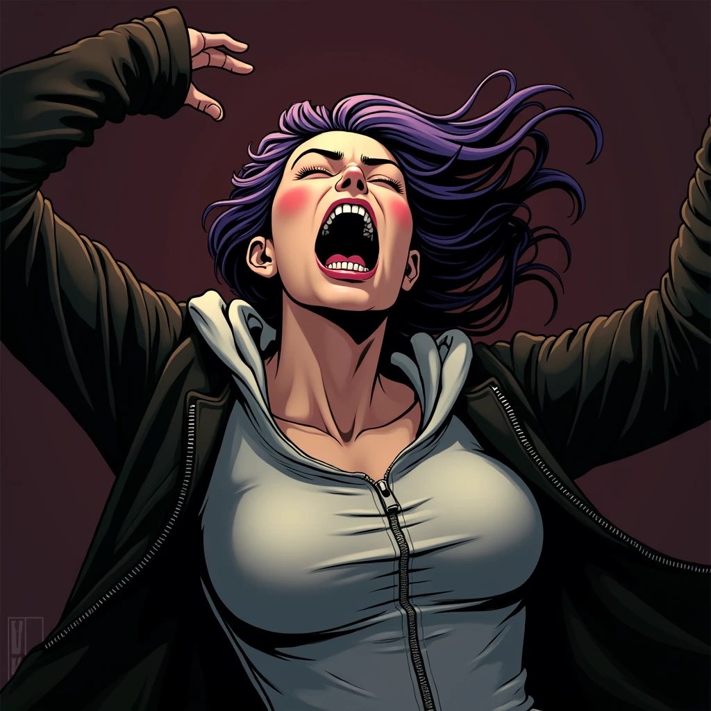 woman screaming in terror, mouth open so wide it takes up her whole face, massive open mouth, perfect teeth, detailed purple hair, black zip jacket, grey button hoodie, big breasts