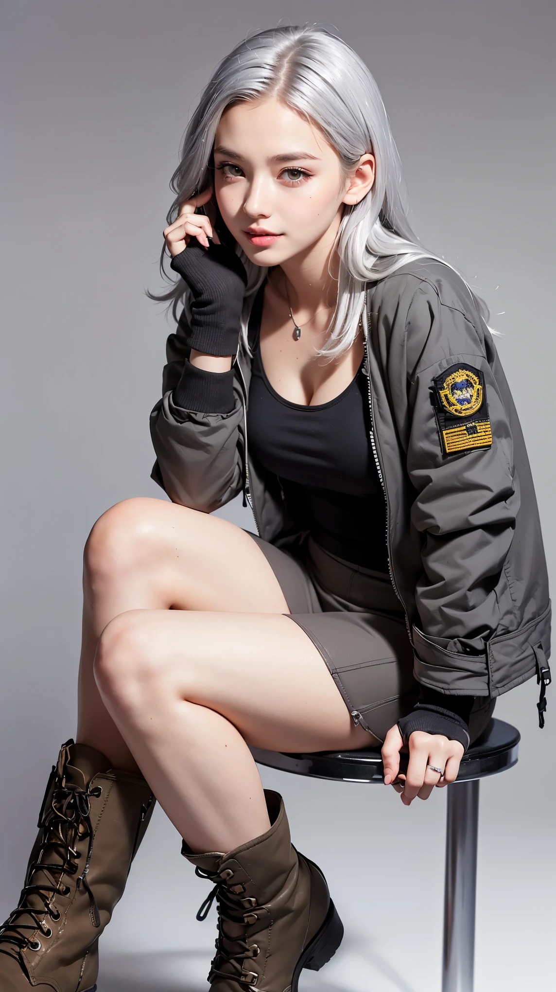 Realistic, masterpiece, Highest quality, Highest Resolution, Anatomically correct, Accurate Anatomy, (Gray blank background:1.3), (1girl:1.3), (22 years old, Height: 168cm, 8 heads:1.3), Shot from thigh up, (Thick thighs:1.3), (Long Hair, Straight Hair, Silver Hair:1.3), (Squint your eyes, Sharp Eyes, (Iris:1.2)), (Hidden eyelid wrinkles:1.2), Thin eyebrows, Draw eyelashes carefully, Natural Makeup, Pull your chin, Show some teeth, Grin, Slightly to the side, ((Grey ma-1 jacket), black fitted tank top, Grey mini skirt, Brown military boots, Fingerless gloves in the same color as the boots:1.3), (Random model poses sitting on a metal chair:1.2)
