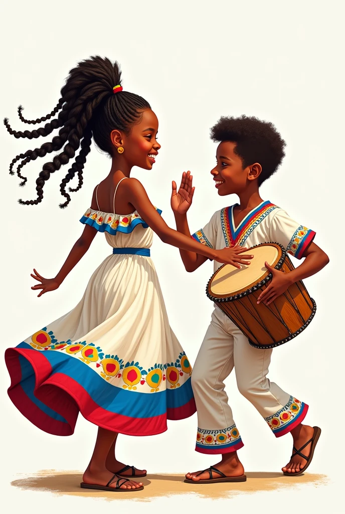 Cartoons of an African American girl with braids dancing saya dressed in a white dress with details of the Bolivian flag and a boy from the Yungas dressed in white with details of the Bolivian flag playing a bass drum dancing Afro-Bolivian saya without background 