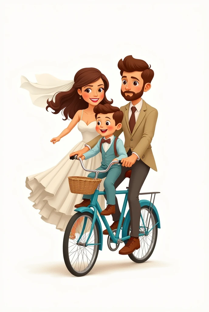 Imagine a cartoon drawing with an aged effect, with soft colors. The newlywed couple, ride on a vintage blue two-seater bicycle. The man is cinnamon skin, delgado, with beige suit, He wears a brown tie. The woman, with a white wedding dress and long brown hair. in front of a bicycle with a basket, there is your little son, In a light blue suit, wearing a bow tie and suspenders. All with a happy expression. The white background.