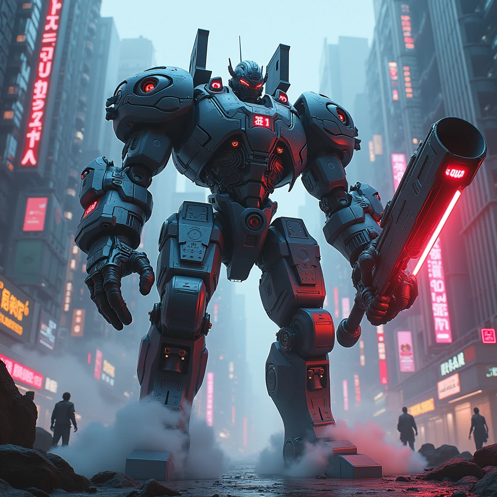 Giant Weapon, full body, Cyberpunk art style, futuristic cityscapes, neon-lit streets, high-tech and low-life, cybernetic enhancements, dystopian and gritty atmosphere, (best quality, masterpiece, photorealistic), very aesthetic, perfect composition, intricate details, ultra-detailed, vivid colors