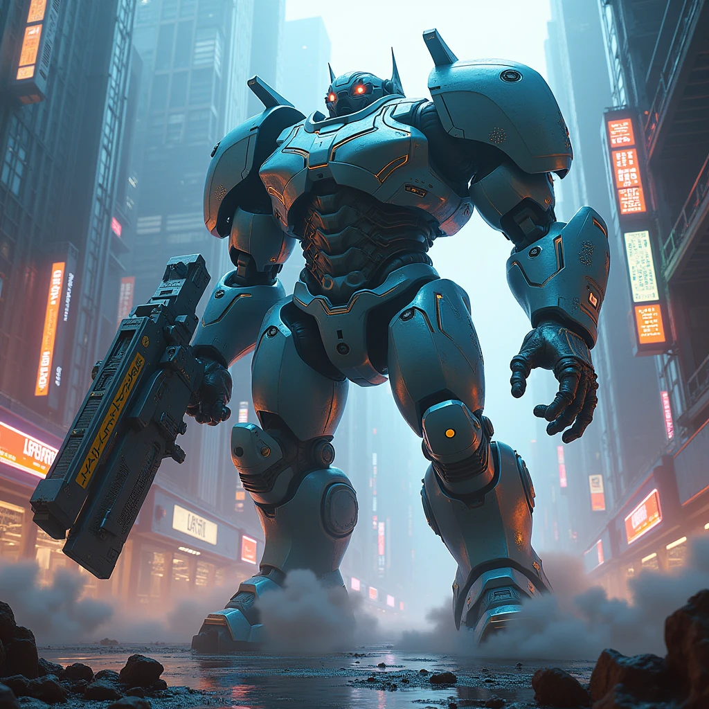 Giant Weapon, full body, Cyberpunk art style, futuristic cityscapes, neon-lit streets, high-tech and low-life, cybernetic enhancements, dystopian and gritty atmosphere, (best quality, masterpiece, photorealistic), very aesthetic, perfect composition, intricate details, ultra-detailed, vivid colors