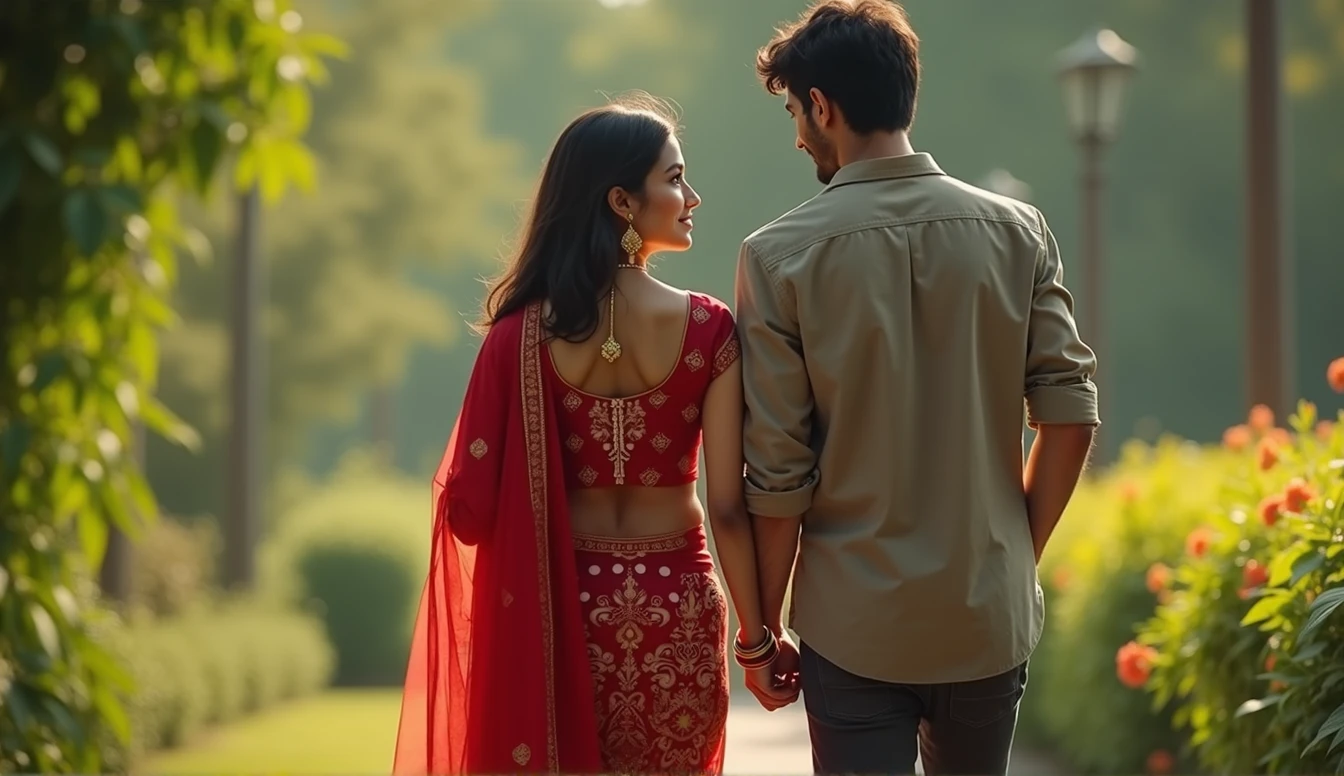 realistic, best quality, very detailed, Beautiful A 21 year old Indian girl she is wearing red colour suit salwar and she is going towards the garden and behind her she also has boyfriend when I am going hand in pocket and the girl is a little bit shy And she has boyfriend behind her too.hd realistic art image