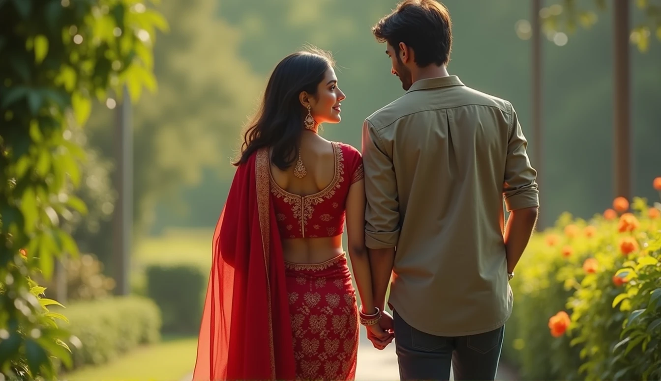 realistic, best quality, very detailed, Beautiful A 21 year old Indian girl she is wearing red colour suit salwar and she is going towards the garden and behind her she also has boyfriend when I am going hand in pocket and the girl is a little bit shy And she has boyfriend behind her too.hd realistic art image