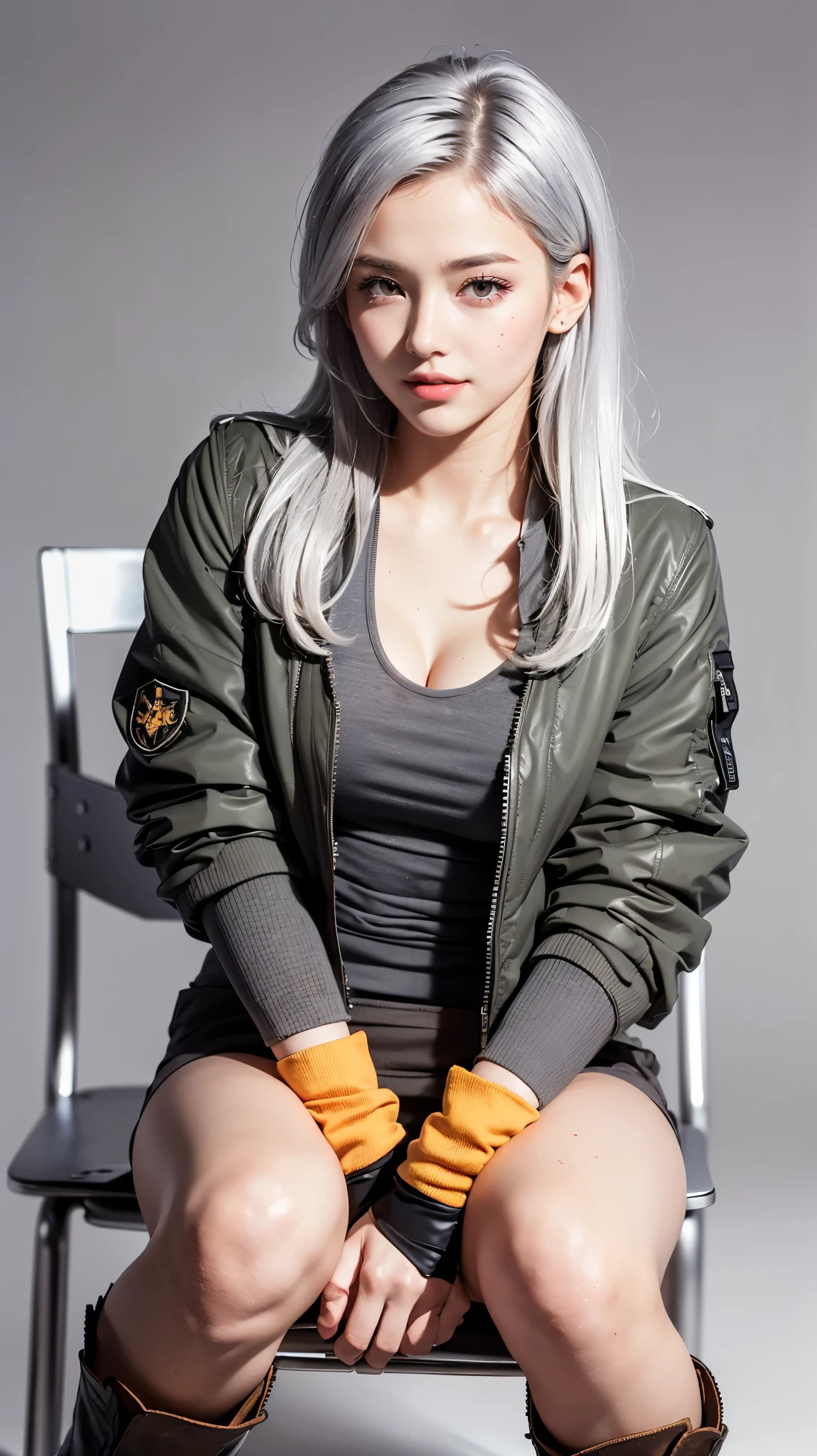 Realistic, masterpiece, Highest quality, Highest Resolution, Anatomically correct, Accurate Anatomy, (Gray blank background:1.3), (1girl:1.3), (22 years old, Height: 168cm, 8 heads:1.3), Shot from thigh up, (Thick thighs:1.3), (Long Hair, Straight Hair, Silver Hair:1.3), (Squint your eyes, Sharp Eyes, (Iris:1.2)), (Hidden eyelid wrinkles:1.2), Thin eyebrows, Draw eyelashes carefully, Natural Makeup, Pull your chin, Show some teeth, Grin, Slightly to the side, ((Grey ma-1 jacket), black fitted tank top, Grey mini skirt, Brown military boots, Fingerless gloves in the same color as the boots:1.3), (Random model poses sitting on a metal chair:1.2)