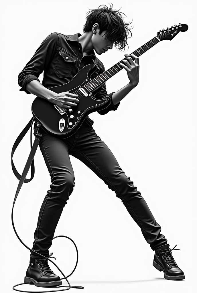 Make a black white picture of a guitarist playing on a cort kx300