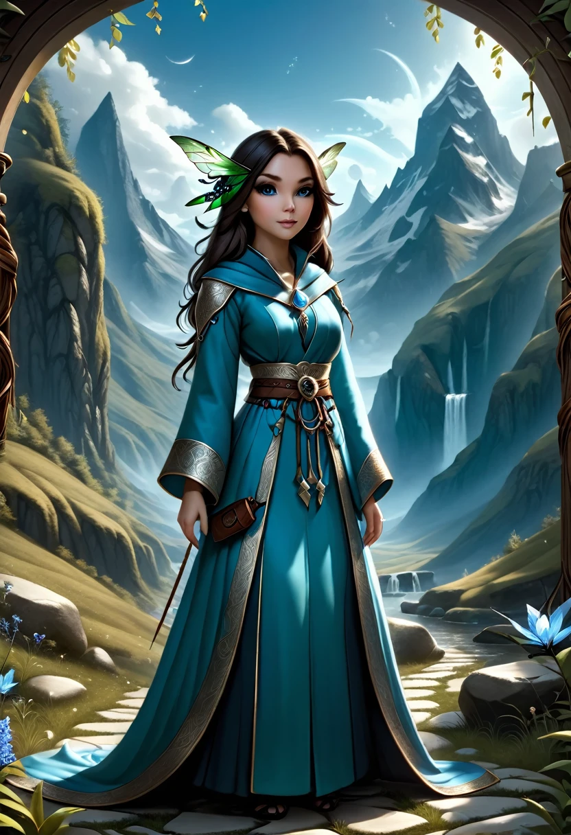 Anthropomorphic female grasshopper mage. Official Art – Charecter profile. An Award-Winning Digital Masterpiece In 4K Ultra HD, Extreme Detail And Intricate Realism. Symmetrical Face. This Concept Art Brought To Life By The Hands Of Artists Like Wlop & Artgerm In A Stunning 2D Vector Illustration.Background Is A Panoramic Vista.
