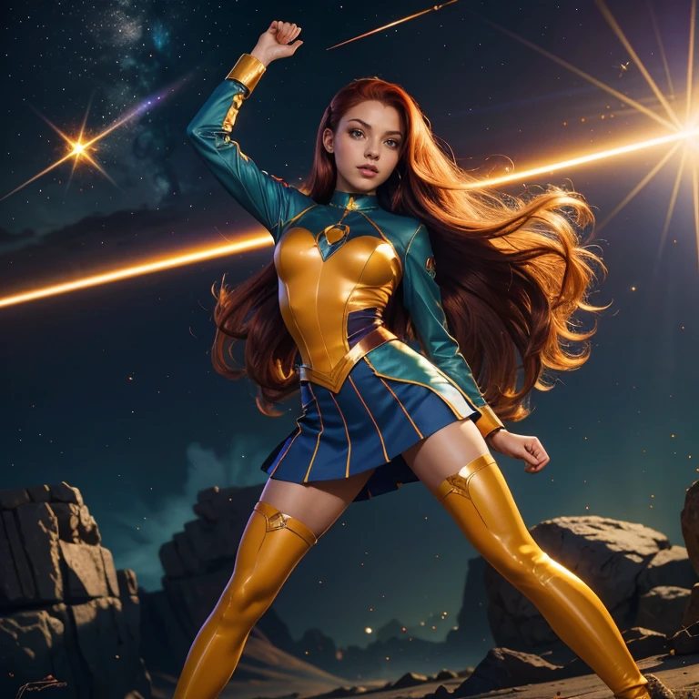 (masterpiece, best quality:1.5), highest quality, High resolution, super detailed, Realists, Full body photo of 18-year-old Starfire from Teen Titans, detailed and beautiful green eyes, beautiful detailed lips, very detailed eyes and face, longeyelashes, additional eyebrows in the forehead area, Beautiful and colorful makeup, Fighting Pose, dark red hair, ponytail hairstyle, orange skin, bright daylight, bright colors, fine brushstrokes, Portrait style, beautiful color palette, glowing skin, First-class rendering, that captures every detail, enchanting atmosphere, (perfect anatomy:1.2), (The two stunning Starfire in dark blue Tamaran uniform with short skirt.Animated series Teen Titans 2003, Starfire flies through the air, Energy radiates from their hands. She radiates energy, panoramic view:1.2)