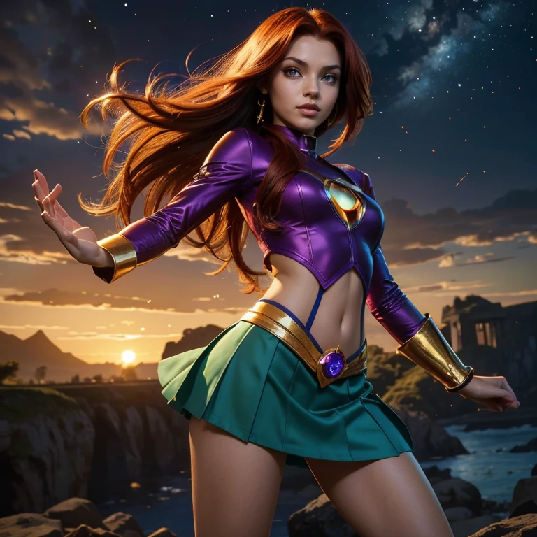 Starfire from DC comics, (best quality,4k,8k,highres,masterpiece:1.2),ultra-detailed,realistic,portrait,beautiful detailed eyes,beautiful detailed lips,extremely detailed green eyes and face,long eyelashes,sexy,medium:oil painting,glowing light orange skin,flowing hair,radiant smile,starfire in the air,flying,confident pose,stunning curves,vivid colors,dramatic lighting,serene background,striking composition, gorget, crop top, armlet, vambraces, midriff, skirt, purple skirt, thigh boots