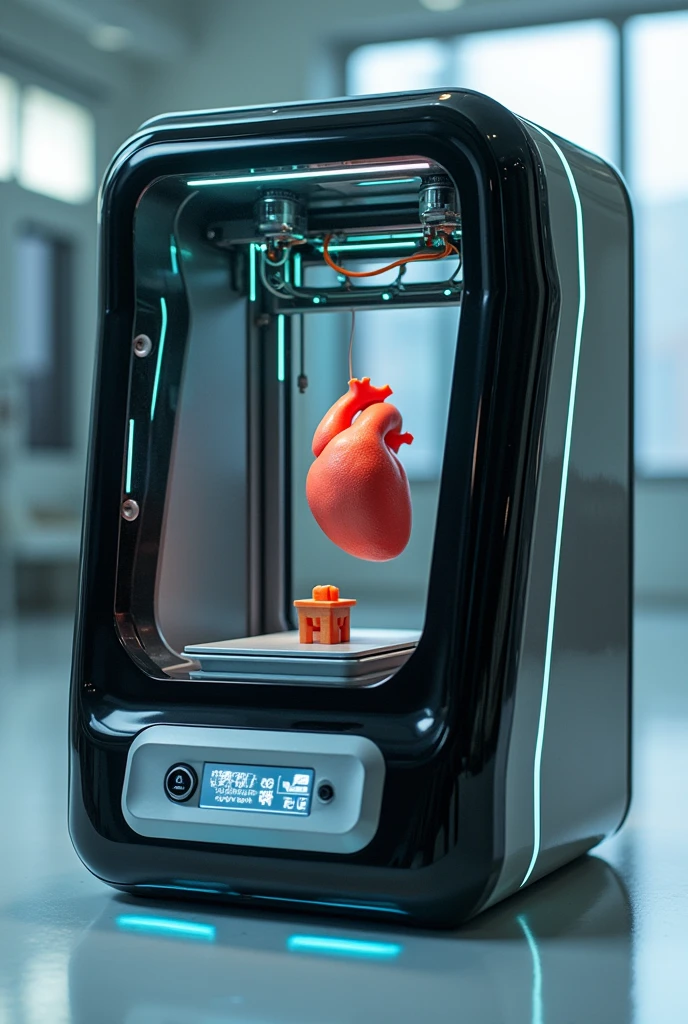 A futuristic 3D printer, with a modern and elegant design. The base is wide, made of shiny metal with black and silver finishes. At the center of the printer, there is a transparent chamber where the organ is printed, And next to it, a small tray containing the original piece of the organ being replicated. The machine's interface is digital, with a touch screen displaying graphics and data from the printing process. Luminous wires in shades of blue and green run along the structure, giving a sense of advanced technology. The printer is in operation, with a partially printed organ inside the chamber, illuminated by soft lights. Ao fundo, a clinical environment, Clean and modern.
