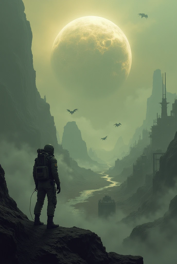 Dirty planet seen from space, demons flying around, one man watching