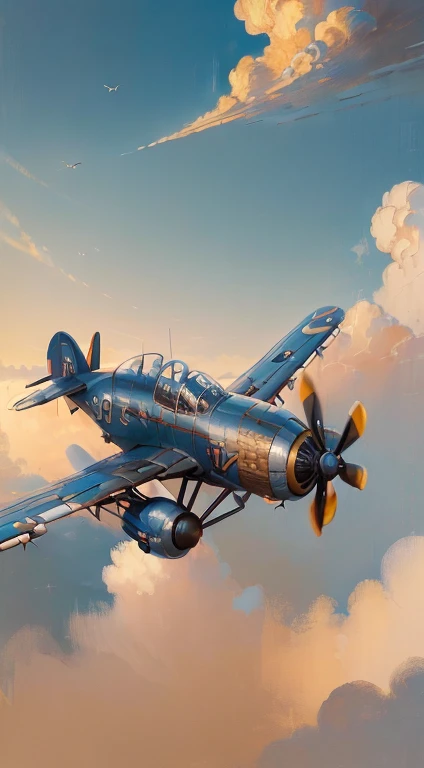 (masterpiece:1.5), highly detailed, realistic, vintage, propeller airplane, flying in a clear blue sky, with fluffy white clouds, golden hour lighting