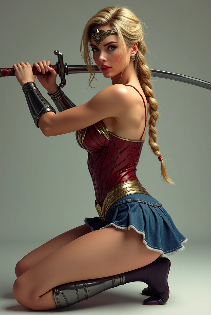 Masterpiece, Top quality, Super rendering, Super realistic, Wonder Woman highly detailed face, Clean and delicate face, Full body, Kneeling and swinging a long sword, Holding the sword anatomically correct, Single braided blonde ponytail, Parted bangs, Forehead, Wearing a tank top and a folded mini skirt, Bare ass, Open legs, Sleeveless, Black stockings, White short boots, Staring at the viewer, Simple color background
