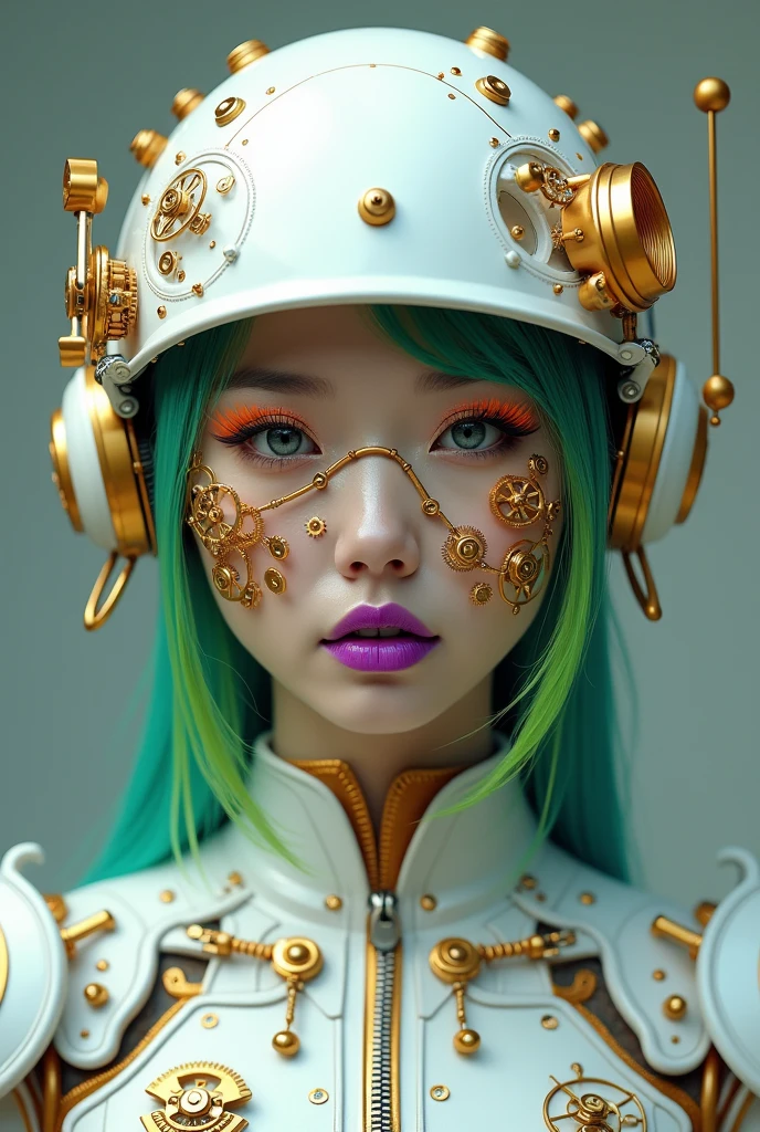 A striking portrait of a full body Korean woman dressed in intricate steampunk-inspired gear. She dons a white helmet adorned with gears and levers, while her face is intricately embellished with golden mechanical components such as gears, pipes, and wires, Xtremly delicated like a Swiss click, vibrant purple lipstick contrasts with her focused, sharp eyes, orange eyelashes and neon green hair. The muted background emphasizes the viewer's focus on the woman's detailed facial features and the fascinating mechanical elements on her face., photo, fashion, vibrant