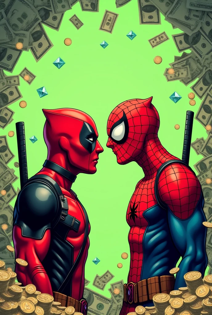 Deadpool making spiderman angry, dollar bills, diamonds, coins, background in light green and Uni Duni Te as the tittle and do it in a square proportion 