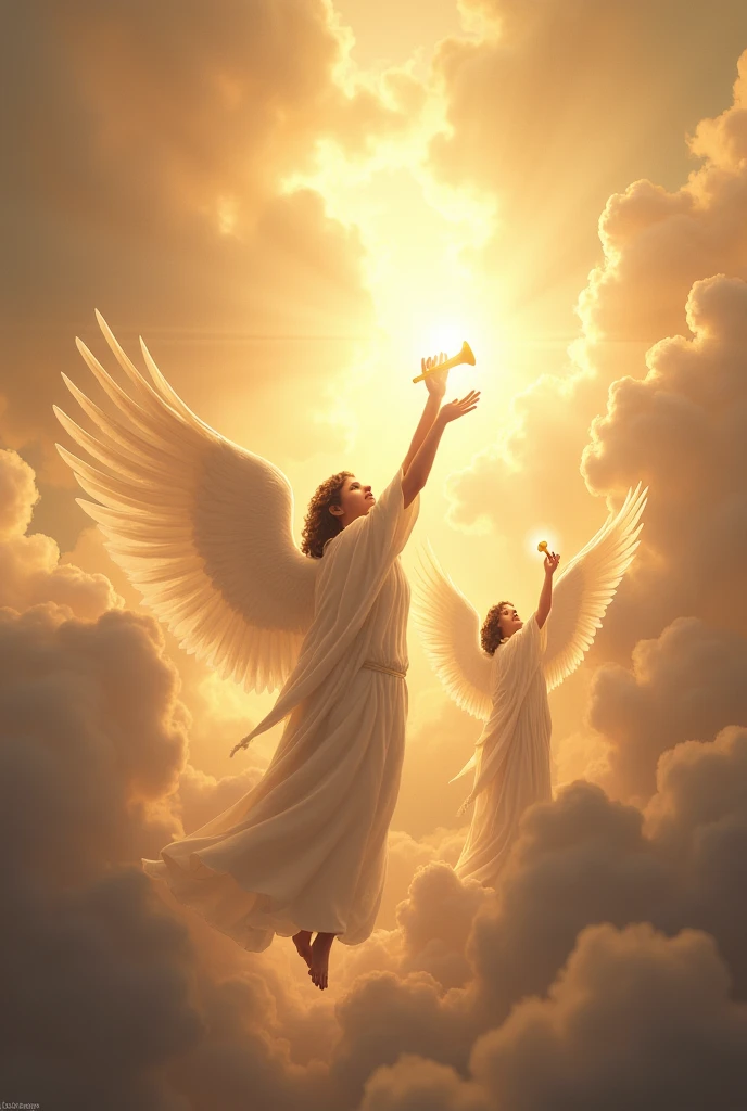 {
  "size": "1024x1024",
  "prompt": "A breathtaking scene of angels in the sky, as described in the Bible, playing trumpets. The angels are majestic, with large, white, and glowing wings, and they wear flowing white robes. The sky is filled with golden light and clouds, giving a divine and ethereal atmosphere. The trumpets are shining, with an antique, golden appearance. The angels are positioned in a formation, heralding a significant and heavenly event."
}