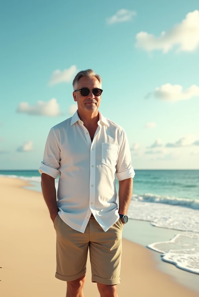 man on the beach wearing a white shirt, shorts, and sunglasses