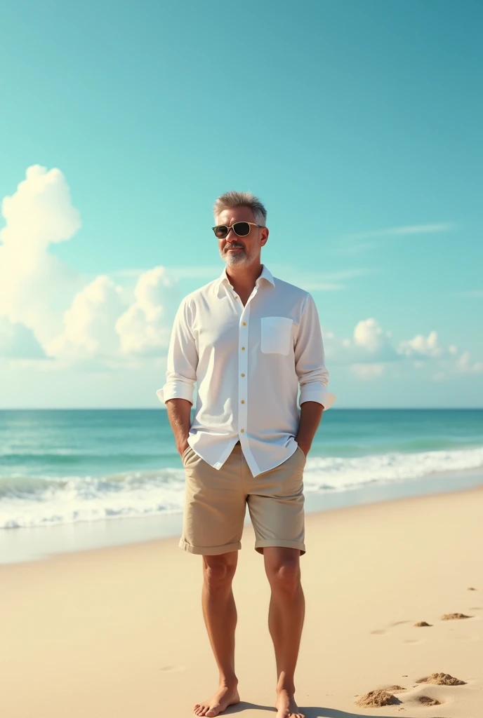 man on the beach wearing a white shirt, shorts, and sunglasses